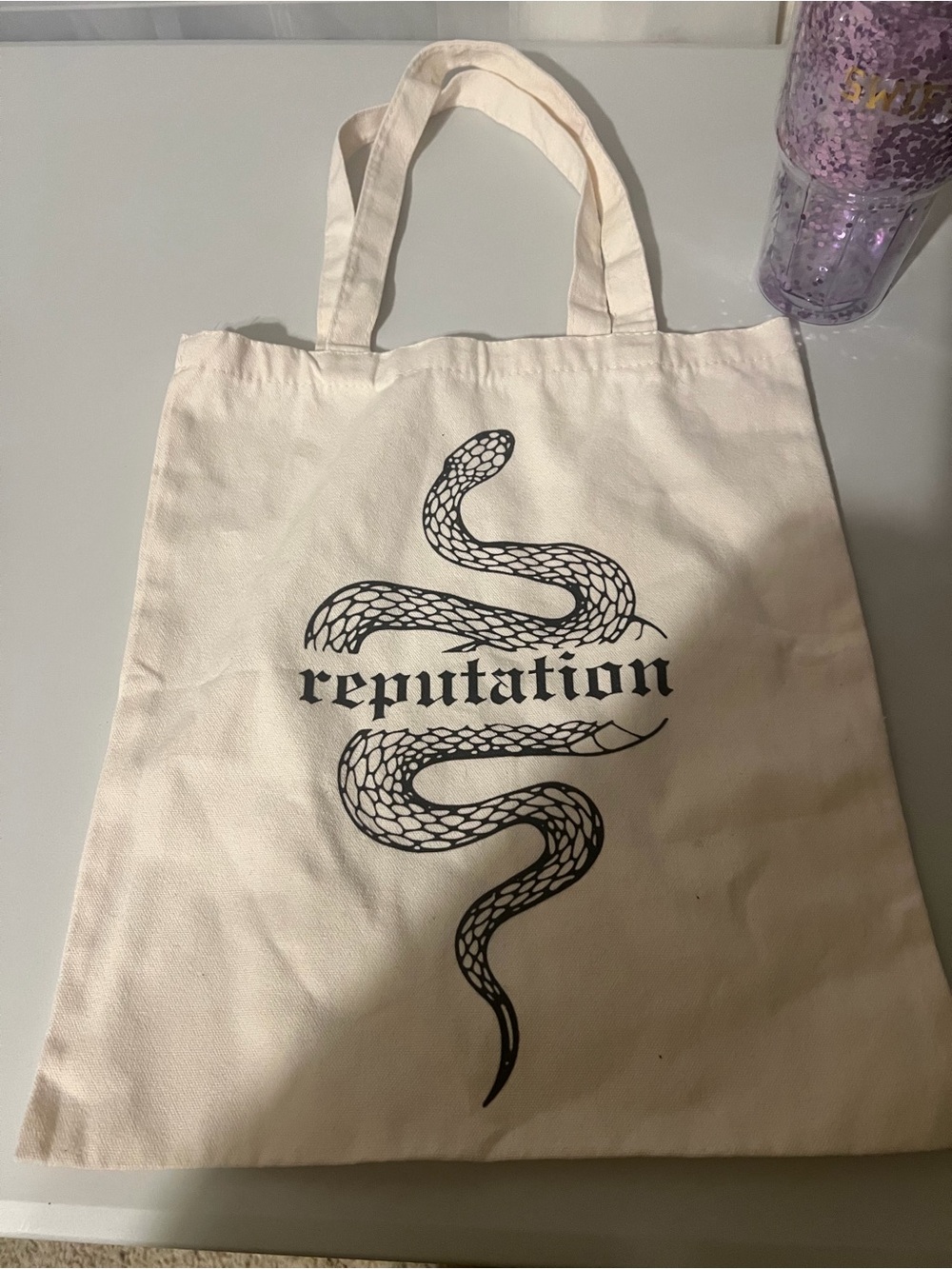 Taylor Swift Cream Canvas Tote with Black Snake Graphic